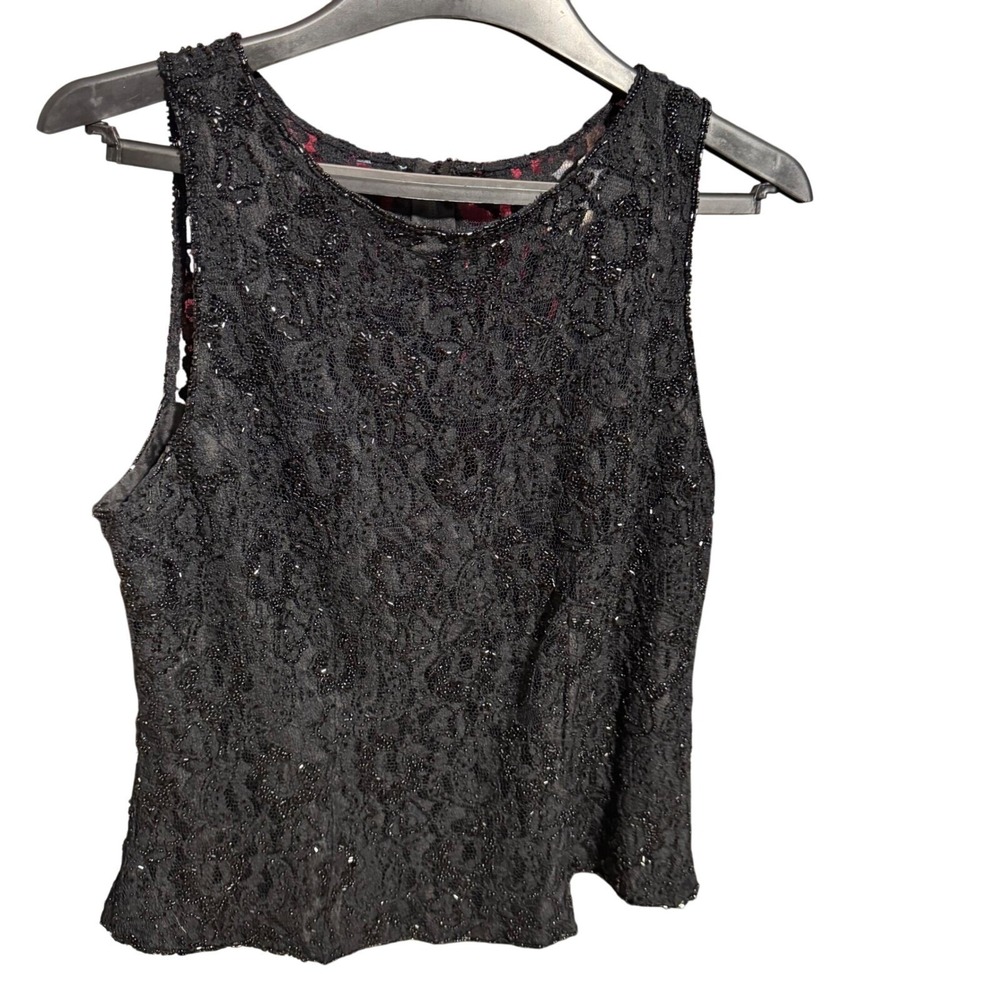 JKara NY Womens Blouse XL Black Lace Beaded Sleeveless‎ Evening Party Cocktail